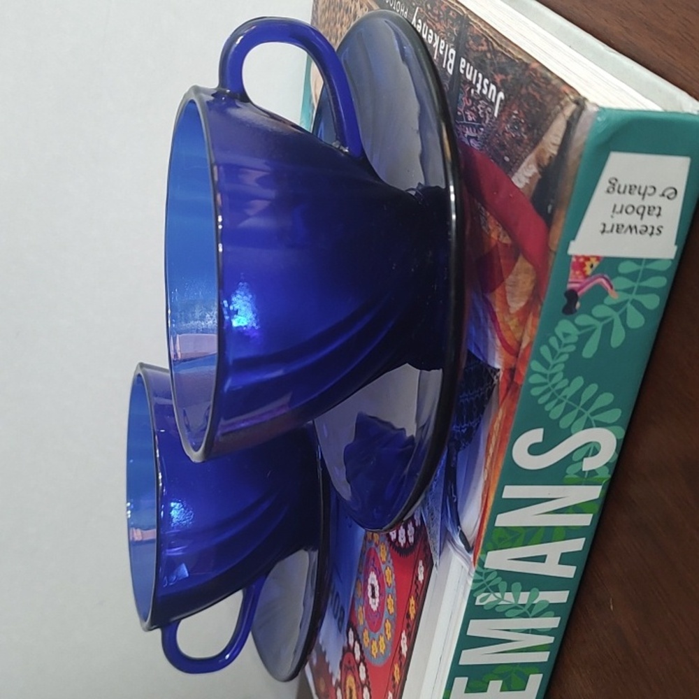 Arcoroc France Cobalt Blue Teacup Saucer Set of Two